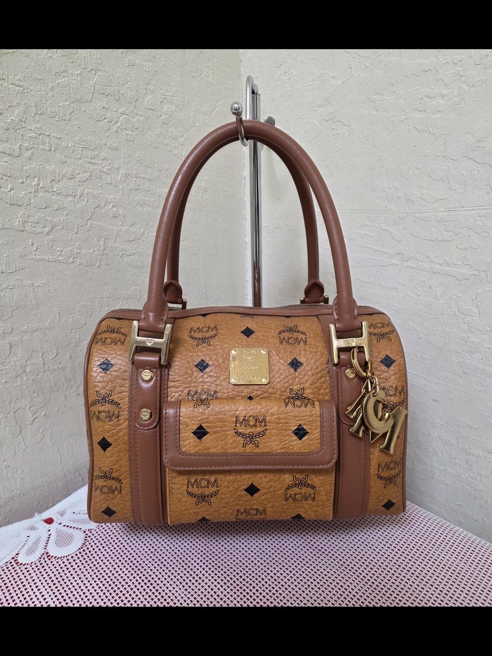 MCM Cognac Medium Boston Style Handbag Satchel AUTHENTIC